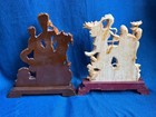 Vintage 70s Chinese Hand Carved Wood Statues Set Of 2 Shou Lao Guanyin Figurine