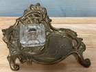 Vintage Art Nouveau Style Brass Glass Inkwell Footed Ornate Floral Butterfly