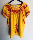 Vtg Y2k Oaxacan Huipil Mexican Embroidered Siren Boho Blouse Yellow   Magenta Xl