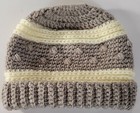 Messy Bun Ponytail Beanie Women s Medium Acrylic Alpaca Neutral   Cream Stripes