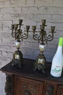 Pair Antique Spelter Metal Porcelain Plaque Landscape Decor Candelabras