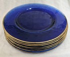 7 Blue Art Glass Charger Chop Plate Platters 12 5  Gold Rim Textured Base Vguc