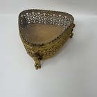 Vintage Gold Tone Ormolu Beveled Glass Casket Jewelry Box Filigree Hollywood