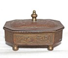 Vtg 60 s Engraved Brass Signed Jewelry Octagon Trinket Vanity Box Attached Lid
