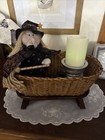 Vtg Primitive Handmade Wicker Rattan 14    Rocking Doll Cradle Centerpiece   Quilt