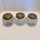 3 Vintage Pressed Clear Glass Vanity Powder Jar With Scrolled Metal Lids