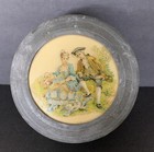 1940    Metal Wind Up Music Powder Box Victorian Couple Player Enamel Top Works   