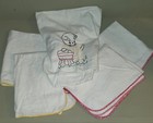  5 Vtg 1950s Flour Sack Kitchen Towels Hand Embroidered Cat W Washtub And Plain
