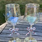 New Christmas Candy Cane Bow Wine Glass Stem Iridescent Rare Tall  Set Of 2