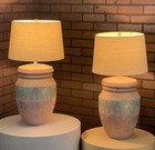 Pair Vintage Mid Century Modern Brutalist Tribal  Zigzag Circa 1980s Lamps