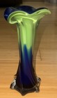 Vintage Mcm Green And Cobalt Blue Handblown Art Glass Trumpet Vase Murano Style