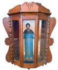 Large Antique Mexican Santos In Original Shrine Retablo Cabinet 28    Hand Carved