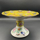 Antique Japanese Fukagawa Arita Enameled Yellow Ground Porcelain High Foot Plate