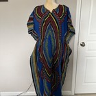 Dashiki African Print Dress Blue Women   s Maxi Kaftan Cinched Waist Free Size