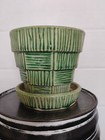 Vintage Green Mccoy Pottery Basket Weave Flower Pot Planter   Saucer 3 25  Tall