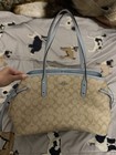 Coach Signature Beige blue Tote Bag  Zip Top  Silver Hardware  Inner Pockets