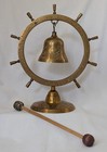 Brass Nautical Bell With Ship Wheel Frame  Engraved Leaves  Wooden metal Mallet