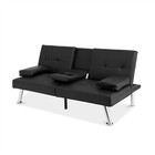 Black Faux Leather Convertible Sofa Futon Couch Bed W  2 Cup Holders