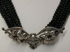 Vintage Antique Art Nouveau Style Lily 925 Sterling Silver Black Bead Necklace