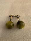 Vtg Olive Green Bakelite Orb Cufflinks Mid-century 1940s Art Deco Silver Tone 