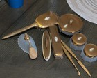 Vintage Gold Tone Floral Vanity Dresser Set Frosted Glass Atomizer Jars Brushes
