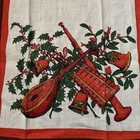 Vintage Linen Bells Instruments Holly Christmas Tea Kitchen Hand Towel Red Green
