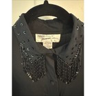 Vintage Patricia Hermann Nyc Black Button-down Shirt With Beaded Fringe Collar