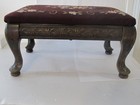 Vtg Victorian Style Needlepoint Maroon Roses Floral Footstool Stool Wood Legs