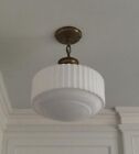 Rare Vintage Elegance  Art Deco Brass   Milk Glass Ceiling Hanging Pendant Light