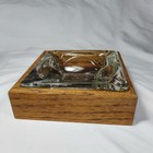 Vtg Heavy Square Clear Glass Insert Cigar cigarette Ashtray Wood Base Men s Mcm