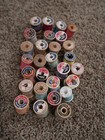       Lot Of 28 Wood Sewing Spools Vintage Various Brands In Collins Storage Box