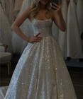 Shiny Glitter Tulle Wedding Dresses Spaghetti Straps Pleated Bridal Gowns Custom
