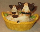 Vintage French Bulldog boston Terrier In Basket Salt Pepper condiment Set  nice 