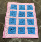 Vtg Handmade Baby Crib Quilt Hand Embroidered Squares Animals Pink Blue 35x44