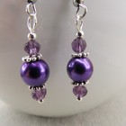 Purple Bead Dangle Earrings Czech Glass Pearl Crystal Silver Tone Artisan Gift