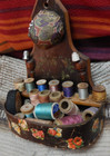 Antique Sewing Wood  Wall Holder Threads Pin Cushion  Tumbles Cloth Singers Rule