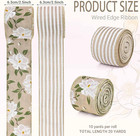 2 Rolls 20 Yards Magnolia Flower Wired Edge Ribbon Spring Flowers Striped Rustic