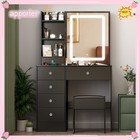 Black Vanity Makeup Table Dressing Desk Set With Led Sliding Mirror Stool Drawer
