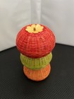 Vintage Set Of 3 Small Round Wicker Lidded Flower Baskets Red green orange 3   x2   