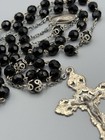 Vtg  Sterling Faceted Black Cut Crystal Glass Rosary Beads With Ornate Crucifix 