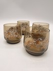 Vintage Dominion Glass Amber Floral Rocks Glasses Gold Rim Mcm Set Of 4