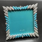 Jeweled Turquoise Enamel Rhinestone Easel Back Picture Frame Square 4x4 Photo