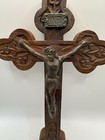 Vintage Hand Carved Wood Trefoil Crucifix Wall Cross Mid Century Metal Corpus