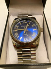 Akribos Xxiv Men   s Blue Dial Quartz Roman Numeral Ss Bracelet Fluted Bezel Box