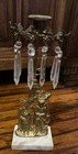 Antique Girandole  Ornate Brass And Marble Candelabra With Crystal Prisms 14 