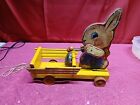 Vintage 1940 s Fisher Price Wood Bunny Drummer Pull Toy  505 Rabbit Cart