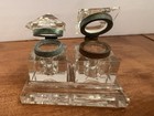 Set Of 2 Antique Cut Crystal Inkwells On Crystal Tray