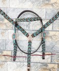 Genuine Leather Western Headstall Set For Horse Decorated With Teal Alligator