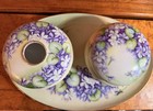 Antique Hand Painted Limoges Dresser Set Tray  Trinket Box Hair Receiver Violets