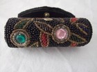 Vtg Beaded Lipstick Case Holder Floral Rhinestone Crystal Mirror Snap Black